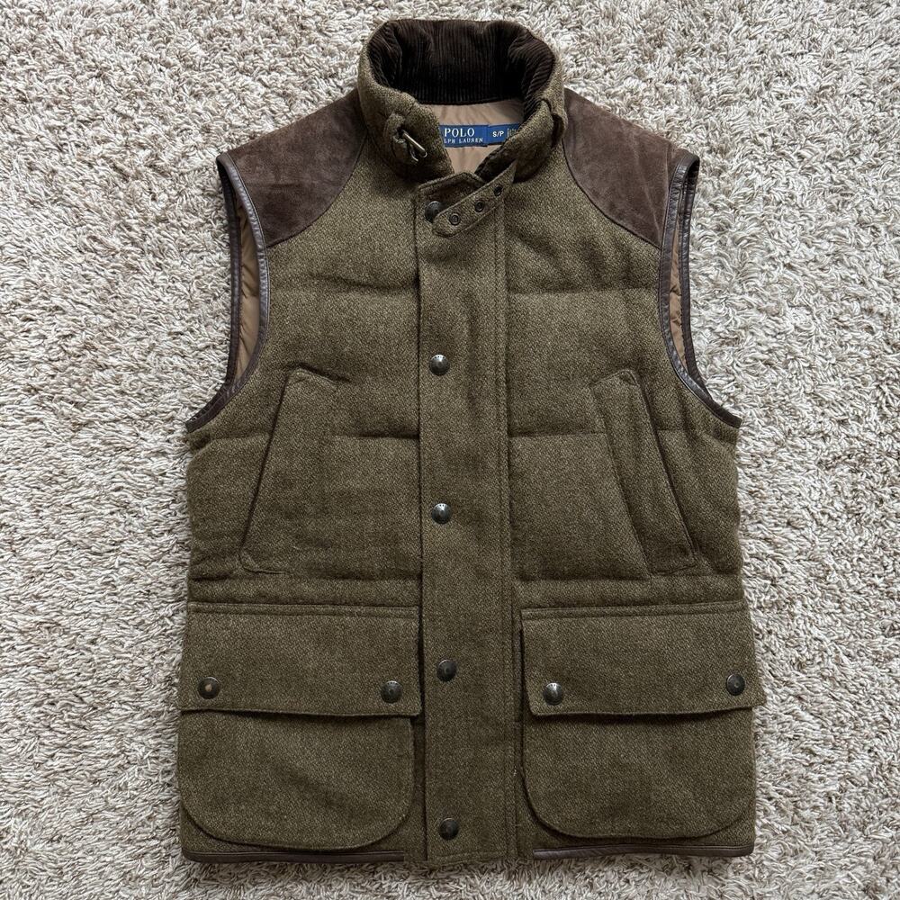 Polo Ralph Lauren Tweed Wool Suede Calf Leather Down Hunting Vest Waist Coat S